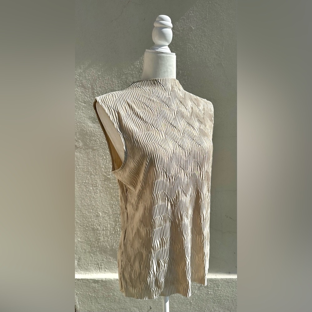 Tahari Plisse Textured Champagne Mock Neck Top